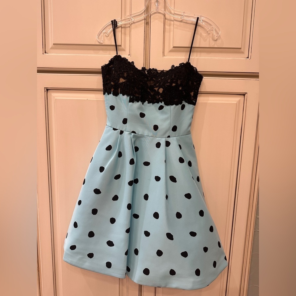 Sherri‎ Hill Black and Blue Polka Dot Formal Dress